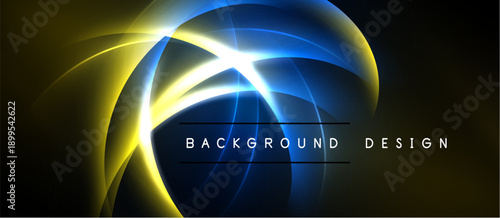 Abstract design features vibrant blue, yellow curves. Dark background emphasizes glowing lines, creating dynamic visual effect. Text reads background design.