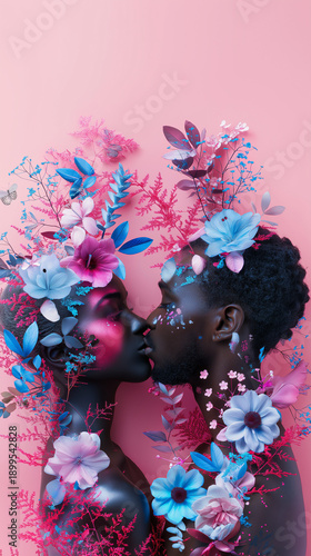 Portrait of a young, beautiful couple in love on an abstract spring background, with fresh, colorful meadow flowers adorning their faces and bodies, set against a pink plant and nature concept backdro