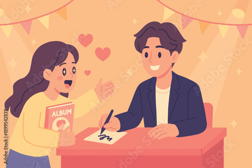 Hand-drawn cute flat vector illustration. Fan meeting between K-pop fan and idol. Autographs, excitement. A girl sees her idol. Perfect for publishing, events. Warm pastel colors, hearts
