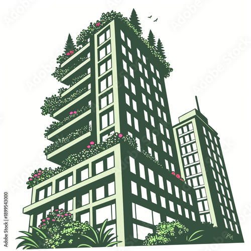 A stylized illustration of a modern high-rise building with greenery at its base.