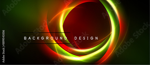 Vibrant concentric circles dominate dark background. Red, green, orange hues blend creating dynamic visual effect. Text reads background design.