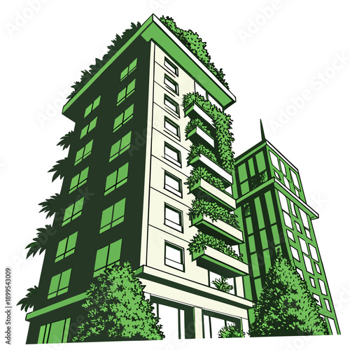 Modern high-rise building covered in green vertical foliage for urban sustainability