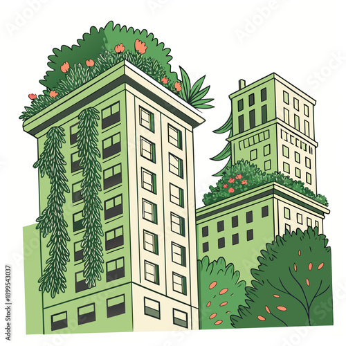 Modern urban buildings with green rooftops in a cityscape illustration