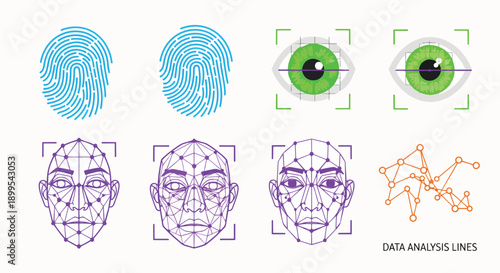 Diverse biometric identification methods fingerprint face iris data scan security authentication privacy technology network digital