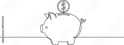 Vector illustration of piggy bank with dollar coin being inserted, drawn in black-and-white minimalist line art style