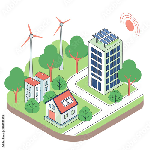 Sustainable urban neighborhood featuring eco-friendly buildings and renewable energy sources