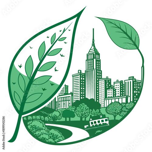 Green leaf with cityscape symbolizing sustainable urban development and eco-friendly growth