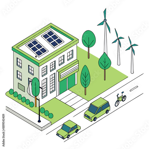 Sustainable city neighborhood featuring renewable energy sources and eco-friendly transportation
