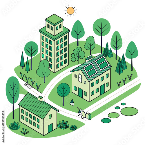 A peaceful suburban neighborhood with colorful buildings and winding roads.