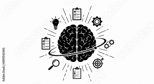 Illustration of a human brain surrounded by symbols of ideas, planning, and innovation.