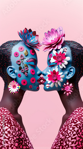 Portrait of a young, beautiful couple in love on an abstract spring background, with fresh, colorful meadow flowers adorning their faces and bodies, set against a pink plant and nature concept backdro