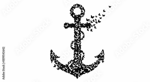 Anchor formed from a flock of birds taking flight against a white background