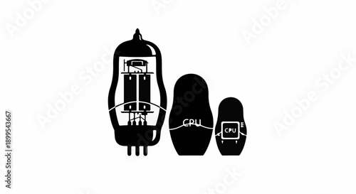 Retro vacuum tube and nested dolls symbolize technological evolution and miniaturization.