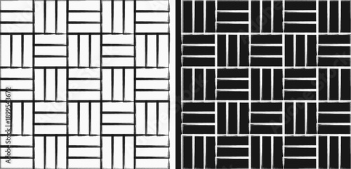 Black and white woven grid seamless pattern inspired by floor tiles. Structured geometric layout ideal for wallpaper, textile design, packaging, and modern decor themes