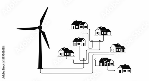 Wind turbine generating clean energy for a neighborhood of houses, illustrating sustainable power