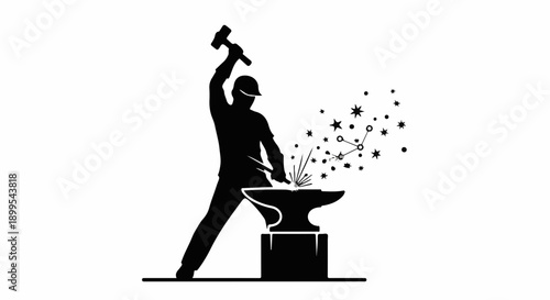 Blacksmith forging metal with sparks flying and stars appearing