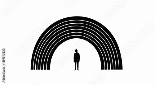 Solitary figure stands beneath a stylized archway, symbolizing hope and a new beginning.