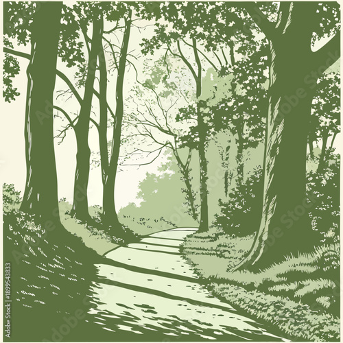A serene forest path winding through tall trees and dappled sunlight.