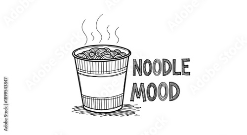 Steaming hot noodles in a bowl with text noodle mood on white background