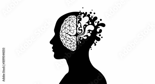 Silhouette of a human head with a fragmented, geometric brain dissolving into organic shapes