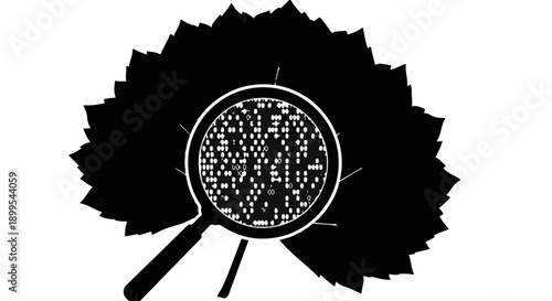 Magnifying glass reveals intricate detail within a leaf silhouette, symbolizing discovery and science.