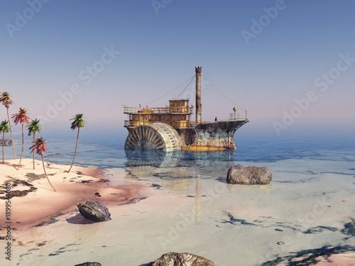 Fantasie Raddampfer in einer Küstenlandschaft