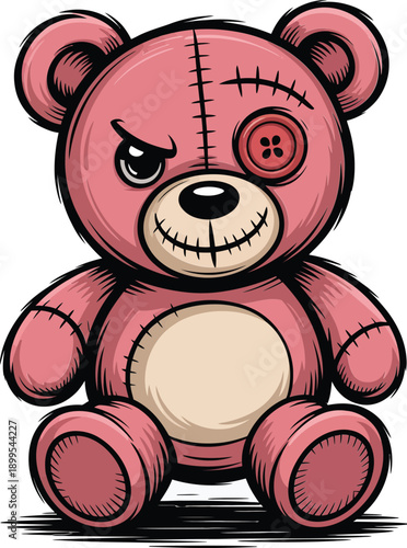 Cute pink teddy bear with stitches and a bandage