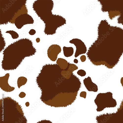 Texture spot, fluffy skin brown cow. Trendy animalistic seamless pattern on white background for fashion, packaging, fabric and more.