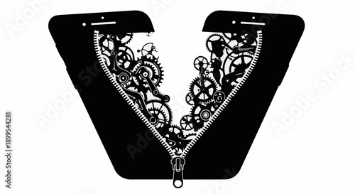 Intricate clockwork gears spilling from a cracked, unzipped smartphone, symbolizing technology's inner workings.