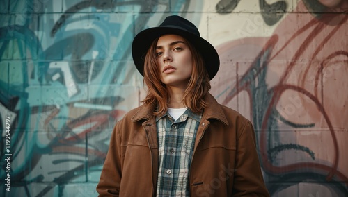 Woman Stands in Front of Colorful Graffiti Wearing a Hat and Jacket at a City...
