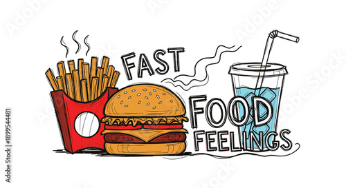 Fast food meal with fries burger and drink representing quick eating