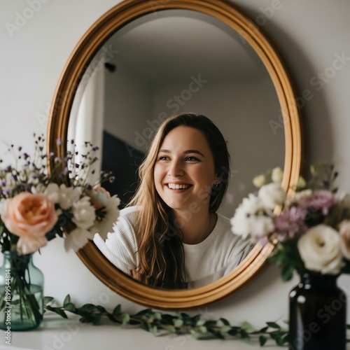 Wallpaper Mural Young Woman Smiling Reflected in Mirror Amidst Flowers Torontodigital.ca