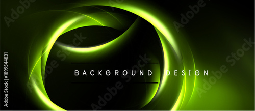 Abstract neon lines form dynamic curves. Dark background enhances glowing green energy, creating modern visual impact. Text reads background design.