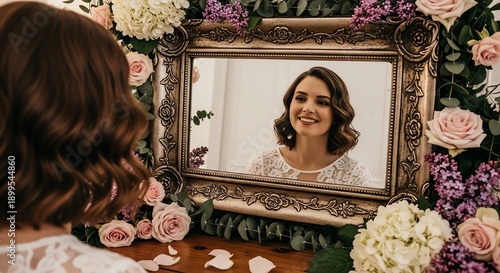 Wallpaper Mural Woman admiring her joyful reflection surrounded by elegant flowers Torontodigital.ca
