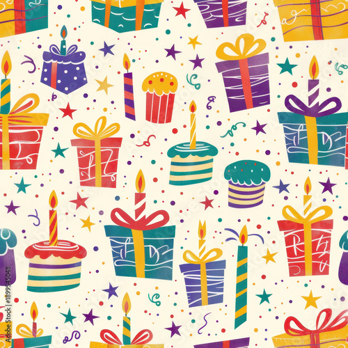 Birthday pattern gift candle cupcake confetti seamless celebration party colorful birthday pattern with gift candle cupcake confetti seamless celebration party design light background