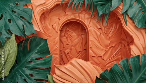 Creative Backdrop With Green Leaves and Orange Textured Surface for Design Projects