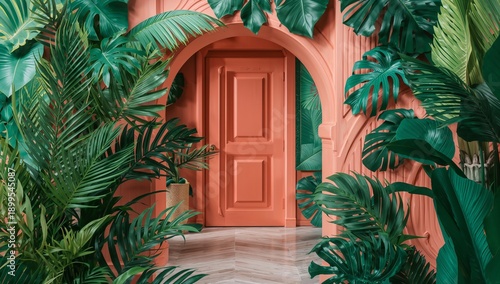 Creative Backdrop With Green Leaves and Orange Textured Surface for Design Projects