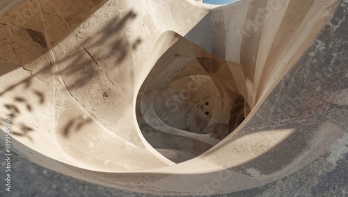 Curved Design on a Wall With Shadows Casting Over a Textured Surface in a Wel...