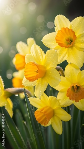 Yellow Daffodils in Blooming Garden Scene.