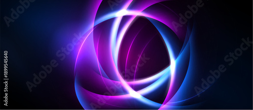 Bright swirling lights form abstract circular patterns. Vivid blues, purples create dynamic energy, contrasting dark background.