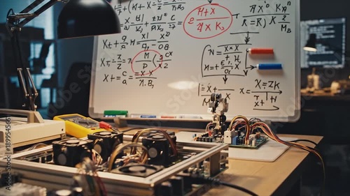 Electronic components and circuit board on a desk with a whiteboard full of equations.