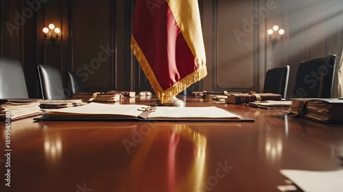 Formal Meeting Room With Flag and Documents on Table.