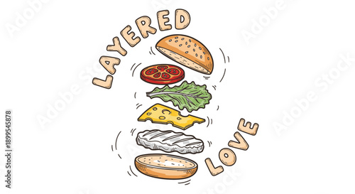 Delicious burger ingredients layered with love fresh lettuce tomato cheese and meat
