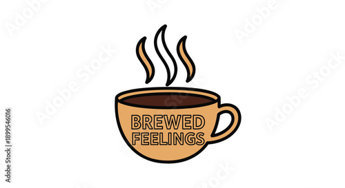 Steaming hot coffee cup with 'brewed feelings' text on a plain white background