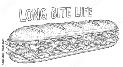 Delicious long italian sub sandwich with fresh vegetables and meat on crusty bread