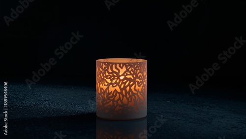 Candlelight Shines Through Cutout Design in Dark Setting Creating Warm Glow D...