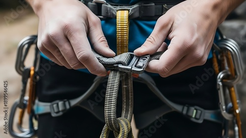 Climber Attaching Climbing Harness Equipment.
