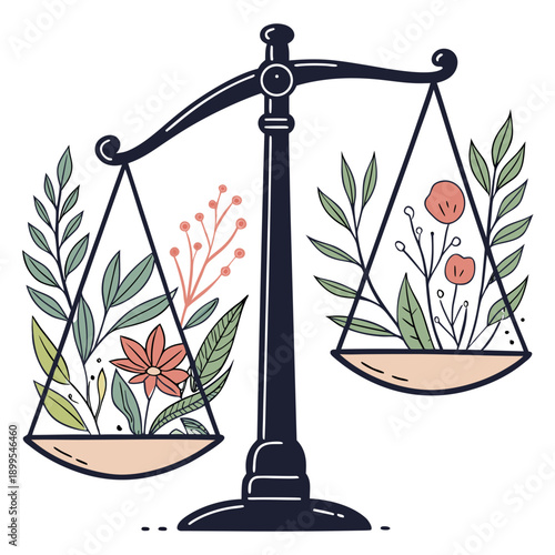 Balance of nature depicted with a scale of opposing botanical elements
