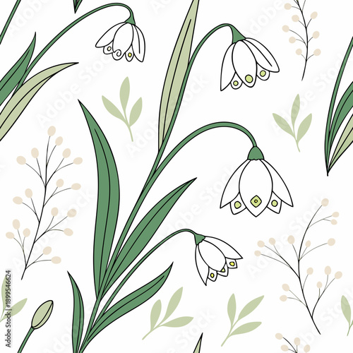 Elegant botanical illustration of white flowers with delicate green stems and leaves