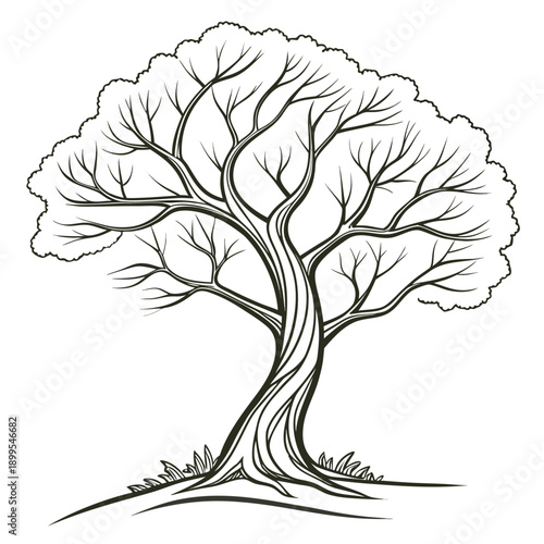 A serene black and white illustration of a solitary tree standing tall in nature